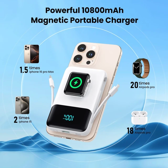 Alt view image 7 of 7 - Magnetic Portable Charger for iPhone with Built-in Cable,10800mAh Wireless Power Bank for Magsafe Travel Essential,6-in-1 25W PD Fast Charging USB C Battery Pack for iPhone 17/16/15/14/13, Apple Watch