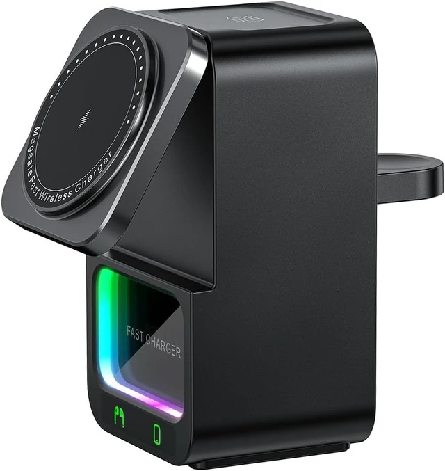 Main image of 4 in 1 Magnetic Wireless Charging Station, Foldable Wireless Charger Stand with Bluetooth Speaker for iPhone 16 15 14 13 Series for AirPods 3/2/Pro for Apple Watch Ultra/SE/9/8/7/6/5/4/3/2/1 (Black)