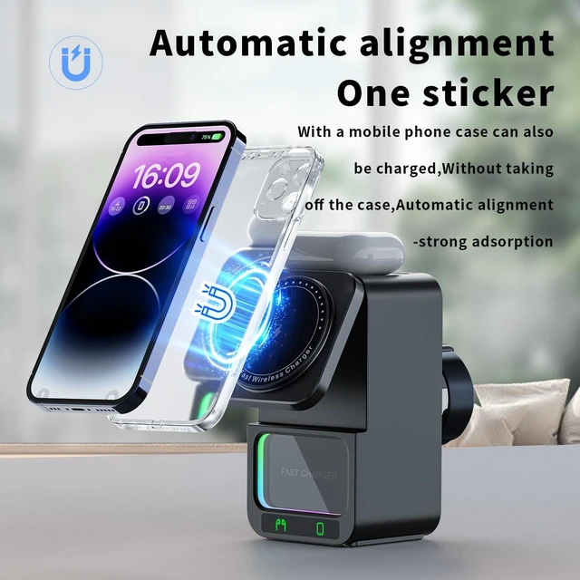 Alt view image 2 of 7 - 4 in 1 Magnetic Wireless Charging Station, Foldable Wireless Charger Stand with Bluetooth Speaker for iPhone 16 15 14 13 Series for AirPods 3/2/Pro for Apple Watch Ultra/SE/9/8/7/6/5/4/3/2/1 (Black)