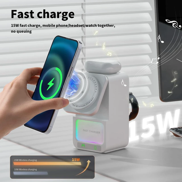 Alt view image 4 of 7 - 4 in 1 Magnetic Wireless Charging Station, Foldable Wireless Charger Stand with Bluetooth Speaker for iPhone 16 15 14 13 Series for AirPods 3/2/Pro for Apple Watch Ultra/SE/9/8/7/6/5/4/3/2/1 (Black)