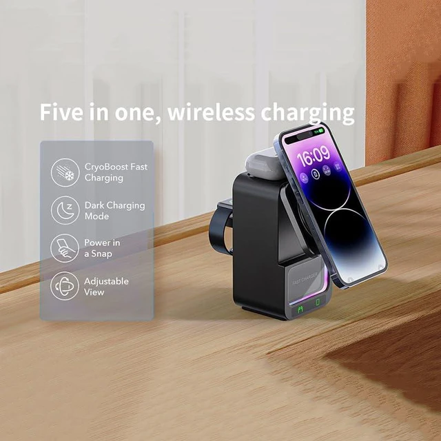 Alt view image 6 of 7 - 4 in 1 Magnetic Wireless Charging Station, Foldable Wireless Charger Stand with Bluetooth Speaker for iPhone 16 15 14 13 Series for AirPods 3/2/Pro for Apple Watch Ultra/SE/9/8/7/6/5/4/3/2/1 (Black)