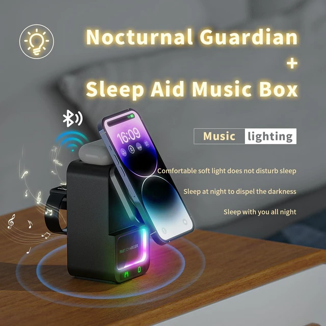 Alt view image 5 of 7 - 4 in 1 Magnetic Wireless Charging Station, Foldable Wireless Charger Stand with Bluetooth Speaker for iPhone 16 15 14 13 Series for AirPods 3/2/Pro for Apple Watch Ultra/SE/9/8/7/6/5/4/3/2/1 (Black)