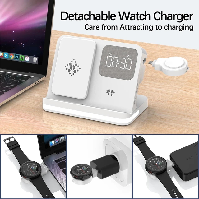 Alt view image 3 of 7 - Ti Cow 3 in 1 Wireless Charger Station with Digital Alarm Clock, Black | Fast Wireless Charging Stand, Multiple Devices, Compatible with iPhone, AirPods, Apple Watch, Nightstand Charging Doc