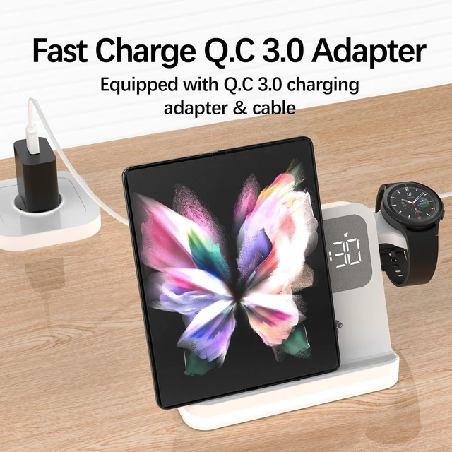 Alt view image 4 of 7 - Ti Cow 3 in 1 Wireless Charger Station with Digital Alarm Clock, Black | Fast Wireless Charging Stand, Multiple Devices, Compatible with iPhone, AirPods, Apple Watch, Nightstand Charging Doc