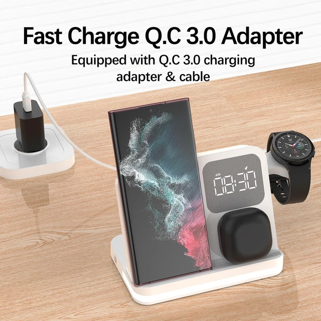 Alt view image 5 of 7 - Ti Cow 3 in 1 Wireless Charger Station with Digital Alarm Clock, Black | Fast Wireless Charging Stand, Multiple Devices, Compatible with iPhone, AirPods, Apple Watch, Nightstand Charging Doc