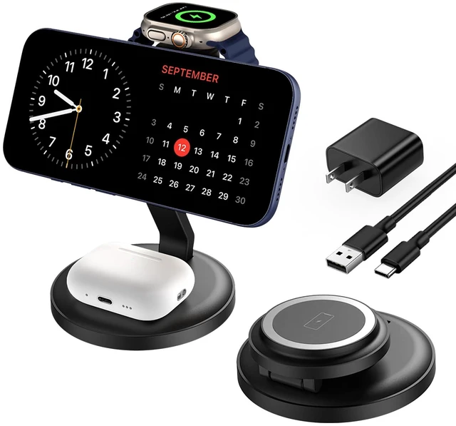 Main image of Foldable 3 in 1 Magnetic Wireless Charger, 15W MagSafe Fast Charging Station for iPhone Duo/Air/18/17/16/15/14/13/12 Series, Apple Watch & AirPods Pro 5/4/3/2 - Portable Travel Charger Stand, Black