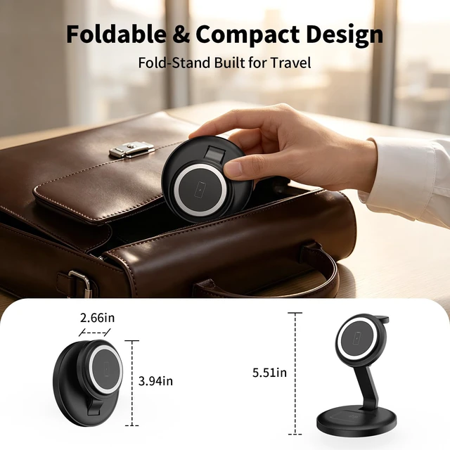 Alt view image 4 of 7 - Foldable 3 in 1 Magnetic Wireless Charger, 15W MagSafe Fast Charging Station for iPhone Duo/Air/18/17/16/15/14/13/12 Series, Apple Watch & AirPods Pro 5/4/3/2 - Portable Travel Charger Stand, Black