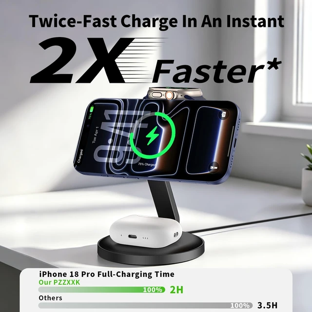 Alt view image 3 of 7 - Foldable 3 in 1 Magnetic Wireless Charger, 15W MagSafe Fast Charging Station for iPhone Duo/Air/18/17/16/15/14/13/12 Series, Apple Watch & AirPods Pro 5/4/3/2 - Portable Travel Charger Stand, Black