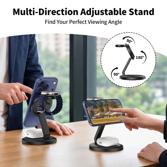 Alt view image 5 of 7 - Foldable 3 in 1 Magnetic Wireless Charger, 15W MagSafe Fast Charging Station for iPhone Duo/Air/18/17/16/15/14/13/12 Series, Apple Watch & AirPods Pro 5/4/3/2 - Portable Travel Charger Stand, Black