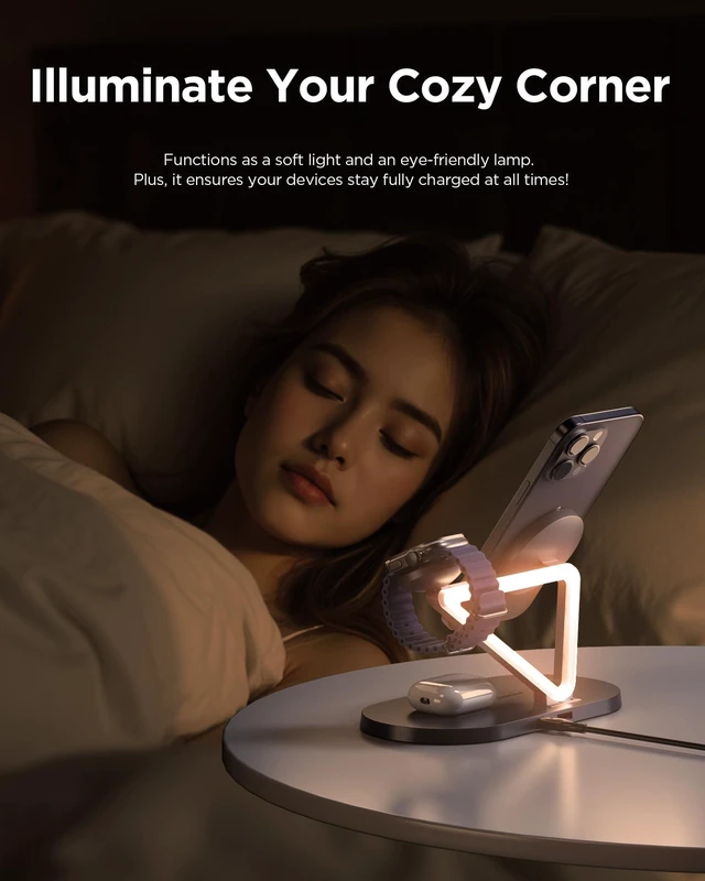 Alt view image 7 of 7 - PISEN Mag-Safe Wireless Charger Stand - 3-in-1 Wireless Charging Station, Qi2 Certified 15W Mag-Safe Wireless Charger Stand with Night Light for iPhone 17/16/15/14/13/12 Series, Apple Watch, AirPods