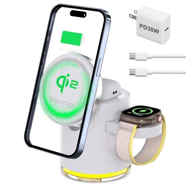 Alt view image 2 of 7 - New Generation Qi2 Certified 3 in 1 Magnetic Wireless Charging Station, Compact Fast Charging Station,for Apple iPhone12-17,iWatches,AirPods,Samsung Phones and Watches(30W Adapter Included)(White)