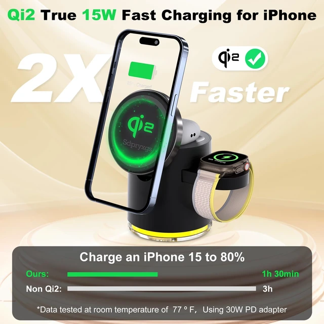 Alt view image 4 of 7 - New Generation Qi2 Certified 3 in 1 Magnetic Wireless Charging Station, Compact Fast Charging Station,for Apple iPhone12-17,iWatches,AirPods,Samsung Phones and Watches(30W Adapter Included)(White)