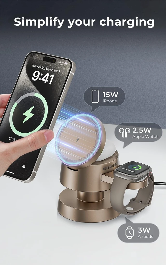 Alt view image 2 of 7 - 15W 4 in 1 Wireless Charging Station with Night Light for Apple & Samsung | Fast Charging Magnetic Wireless Charger Stand, Compact & Space-Saving, Travel Charger for iPhone 17/16/15, iWatch, AirPods