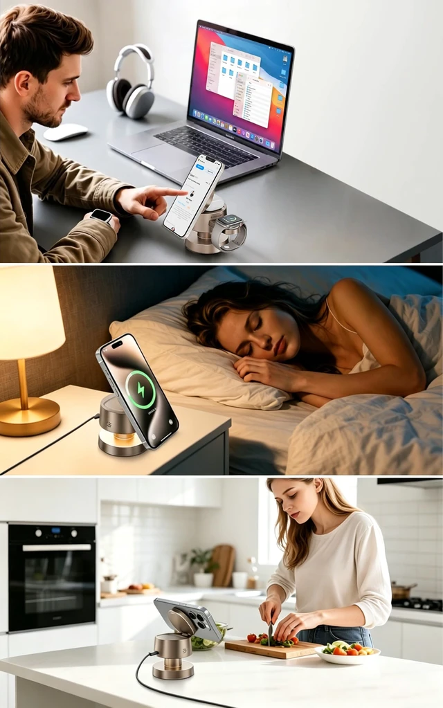 Alt view image 5 of 7 - 15W 4 in 1 Wireless Charging Station with Night Light for Apple & Samsung | Fast Charging Magnetic Wireless Charger Stand, Compact & Space-Saving, Travel Charger for iPhone 17/16/15, iWatch, AirPods