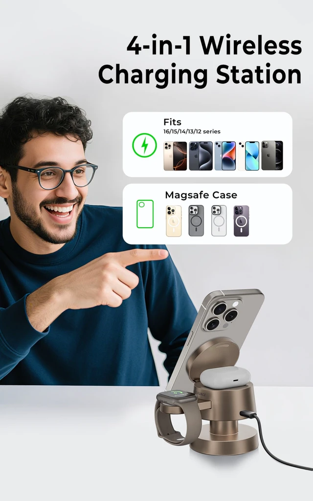 Alt view image 4 of 7 - 15W 4 in 1 Wireless Charging Station with Night Light for Apple & Samsung | Fast Charging Magnetic Wireless Charger Stand, Compact & Space-Saving, Travel Charger for iPhone 17/16/15, iWatch, AirPods