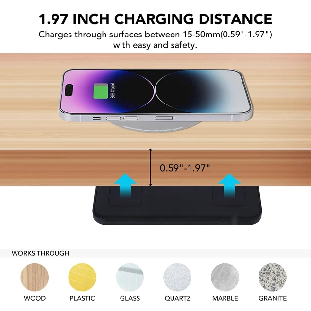 Alt view image 2 of 6 - 2-inch (50mm) NiiTTER Invisible Wireless Charger, Under Desk Wireless Charger, Under Counter Wireless Charging for iPhone 17/16/15/14/13/12/Wireless Phones(Adapter Included)