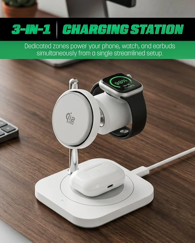 Alt view image 2 of 7 - Galvanox Qi2.2 25W Magnetic Wireless Charging Stand for iPhone - 3 in 1 Charger Station (for iPhone, Apple Watch and AirPods) with Super Fast (45W) Wall Adapter (Compatible with MagSafe)