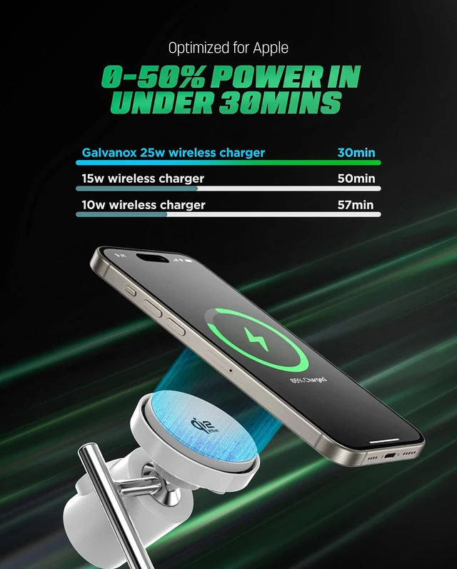 Alt view image 5 of 7 - Galvanox Qi2.2 25W Magnetic Wireless Charging Stand for iPhone - 3 in 1 Charger Station (for iPhone, Apple Watch and AirPods) with Super Fast (45W) Wall Adapter (Compatible with MagSafe)