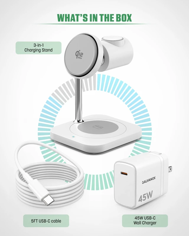 Alt view image 3 of 7 - Galvanox Qi2.2 25W Magnetic Wireless Charging Stand for iPhone - 3 in 1 Charger Station (for iPhone, Apple Watch and AirPods) with Super Fast (45W) Wall Adapter (Compatible with MagSafe)