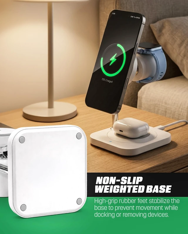 Alt view image 7 of 7 - Galvanox Qi2.2 25W Magnetic Wireless Charging Stand for iPhone - 3 in 1 Charger Station (for iPhone, Apple Watch and AirPods) with Super Fast (45W) Wall Adapter (Compatible with MagSafe)
