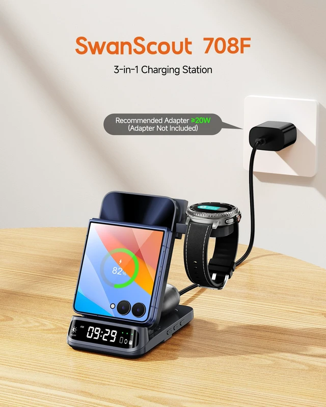 Alt view image 5 of 7 - SwanScout 3 in 1 Wireless Charger for Z Flip 8/7/7 FE/6/5, for Galaxy Watch | for Samsung Watch (Not for Watch 9/Ultra 2), Wireless Charging Station for Galaxy Z Flip, SwanScout 708F, NO Adapter