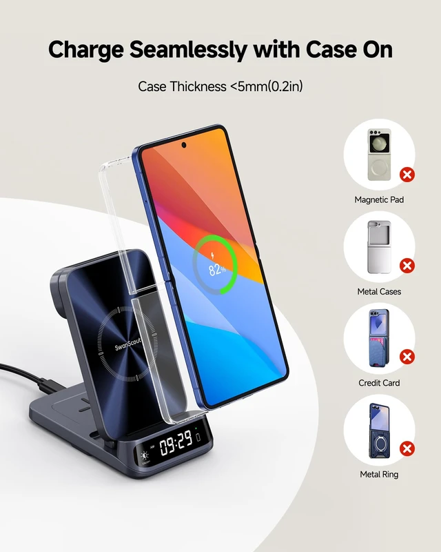 Alt view image 7 of 7 - SwanScout 3 in 1 Wireless Charger for Z Flip 8/7/7 FE/6/5, for Galaxy Watch | for Samsung Watch (Not for Watch 9/Ultra 2), Wireless Charging Station for Galaxy Z Flip, SwanScout 708F, NO Adapter