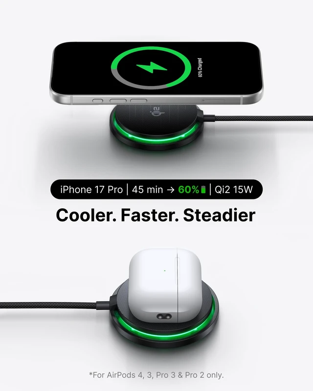 Alt view image 3 of 7 - INIU Magnetic Wireless Charger, Qi2 15W Fast Charging Pad Travel Charger | MagSafe-Compatible, with LED Light, Cooling Fan, Smart Protection for iPhone 18-12 Series, AirPods 4-2(20W Adapter Included)