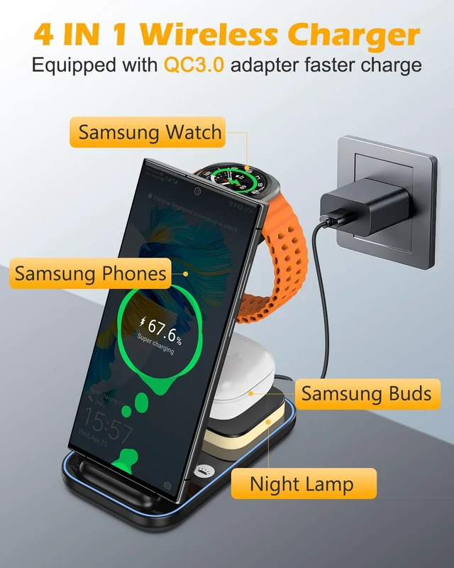 Alt view image 2 of 7 - PENTASPI Wireless Charger Samsung Charging Station for Samsung Devices | 4 in 1 Charger Station with Adapter, 3 Levels Night Light for Galaxy S/Note/Z Fold Series Phones/Galaxy Watches/Galaxy Buds