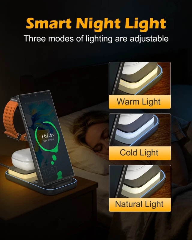 Alt view image 4 of 7 - PENTASPI Wireless Charger Samsung Charging Station for Samsung Devices | 4 in 1 Charger Station with Adapter, 3 Levels Night Light for Galaxy S/Note/Z Fold Series Phones/Galaxy Watches/Galaxy Buds