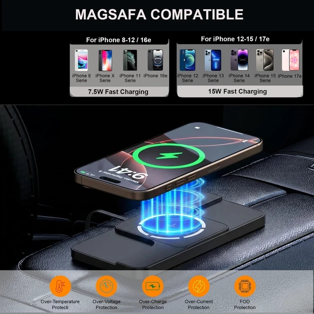 Alt view image 5 of 7 - Wireless Charger Car Magnetic Charging pad Fast Wireless Phone Charger Cell Phone Cordless Charging mat Compatible with iPhone 16/15/14/13/12, Airpods Earbuds(C11MAG)
