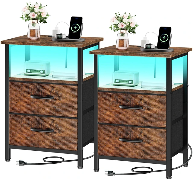 Main image of Vagusicc Nightstands Set of 2 Charging Station, End Tables with LED Lights, Bedside Table with 2 Fabric Drawers & Storage Shelves, 24.2" Tall Side Table Night Stand Set 2 for Bedroom, Rustic Brown