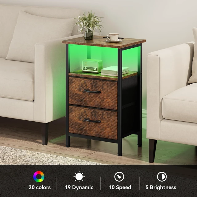 Alt view image 4 of 7 - Vagusicc Nightstands Set of 2 Charging Station, End Tables with LED Lights, Bedside Table with 2 Fabric Drawers & Storage Shelves, 24.2" Tall Side Table Night Stand Set 2 for Bedroom, Rustic Brown
