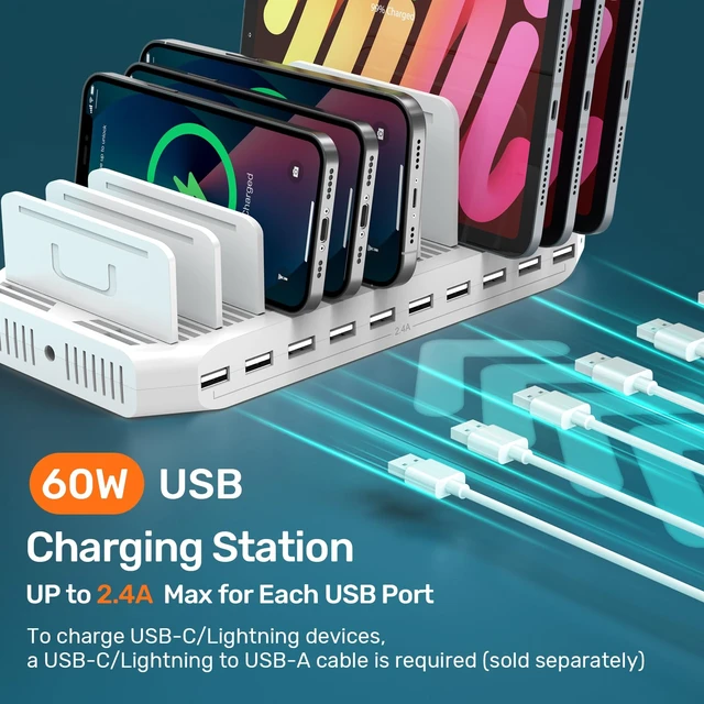 Alt view image 2 of 6 - Alxum 10 Port Charging Station, Fast USB Charging Dock for Multiple Device Multi Port Charging Station 60W Charging Dock Charger Organizer with Detachable Divider for iPhone/iPad/Tablet, Family School