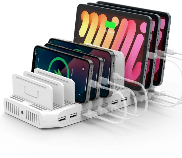 Main image of Alxum 10 Port Charging Station, Fast USB Charging Dock for Multiple Device Multi Port Charging Station 60W Charging Dock Charger Organizer with Detachable Divider for iPhone/iPad/Tablet, Family School