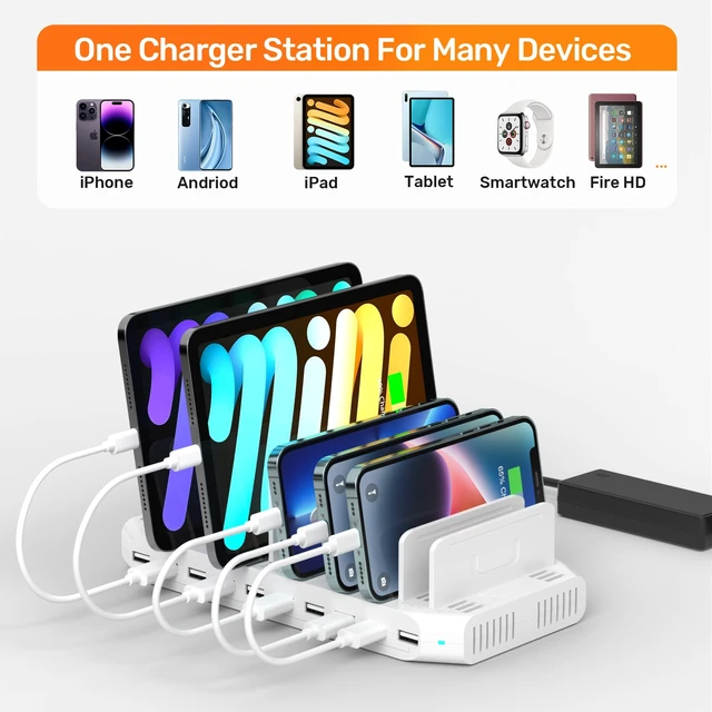 Alt view image 4 of 6 - Alxum 10 Port Charging Station, Fast USB Charging Dock for Multiple Device Multi Port Charging Station 60W Charging Dock Charger Organizer with Detachable Divider for iPhone/iPad/Tablet, Family School