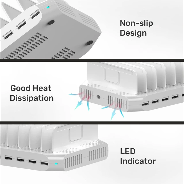 Alt view image 5 of 6 - Alxum 10 Port Charging Station, Fast USB Charging Dock for Multiple Device Multi Port Charging Station 60W Charging Dock Charger Organizer with Detachable Divider for iPhone/iPad/Tablet, Family School