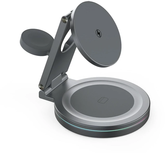 Main image of Foldable 360º Rotatable Zinc Alloy 3-in-1 Magnetic Wireless Charger,3 in 1 Charging Station,Charging Stand,15W for iPhone 12-17,5W for Apple Watches, AirPods (Adapter Included) (Gray)