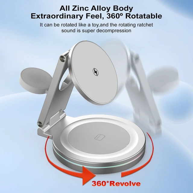 Alt view image 2 of 6 - Foldable 360º Rotatable Zinc Alloy 3-in-1 Magnetic Wireless Charger,3 in 1 Charging Station,Charging Stand,15W for iPhone 12-17,5W for Apple Watches, AirPods (Adapter Included) (Gray)