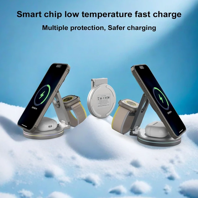 Alt view image 5 of 6 - Foldable 360º Rotatable Zinc Alloy 3-in-1 Magnetic Wireless Charger,3 in 1 Charging Station,Charging Stand,15W for iPhone 12-17,5W for Apple Watches, AirPods (Adapter Included) (Gray)