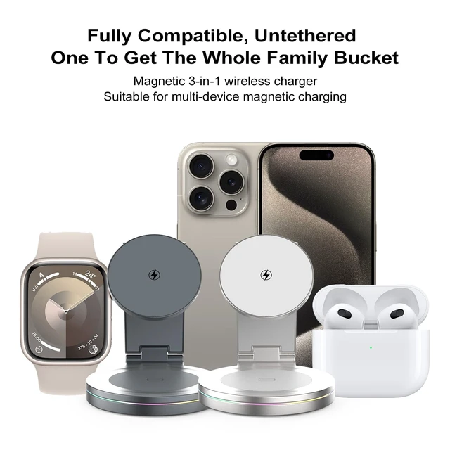 Alt view image 6 of 6 - Foldable 360º Rotatable Zinc Alloy 3-in-1 Magnetic Wireless Charger,3 in 1 Charging Station,Charging Stand,15W for iPhone 12-17,5W for Apple Watches, AirPods (Adapter Included) (Gray)