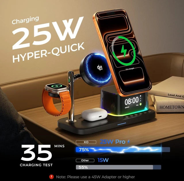 Alt view image 2 of 7 - Charging Station 25W Fast Charging+Cooling Fan 5in1 Magnetic Wireless Charger with Speaker and Alarm Compatible with iPhone/Watch/AirPod (45W Adapters Included) Black