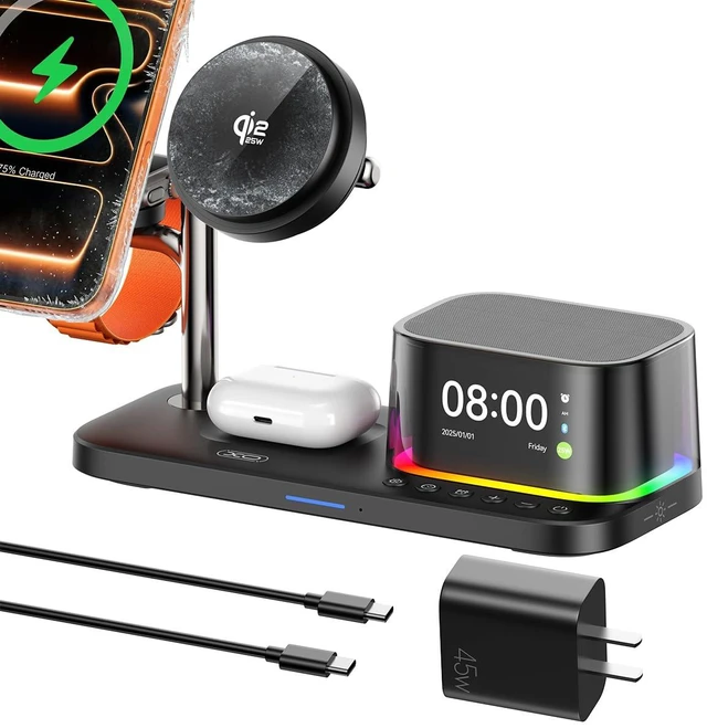 Main image of Charging Station 25W Fast Charging+Cooling Fan 5in1 Magnetic Wireless Charger with Speaker and Alarm Compatible with iPhone/Watch/AirPod (45W Adapters Included) Black
