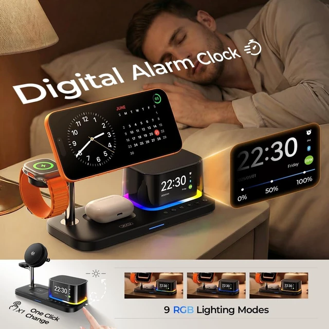 Alt view image 4 of 7 - Charging Station 25W Fast Charging+Cooling Fan 5in1 Magnetic Wireless Charger with Speaker and Alarm Compatible with iPhone/Watch/AirPod (45W Adapters Included) Black