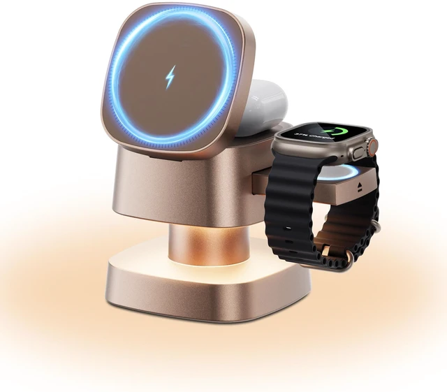 Main image of Kcuskl 4 in 1 Magnetic Wireless Charging Station,15W Fast Charging with Night Light for MagSafe Charger Stand,3 in 1 Wireless Charger for iPhone 17/16/15/14/13 Pro Max,Apple Watch & AirPods,Sand Gold
