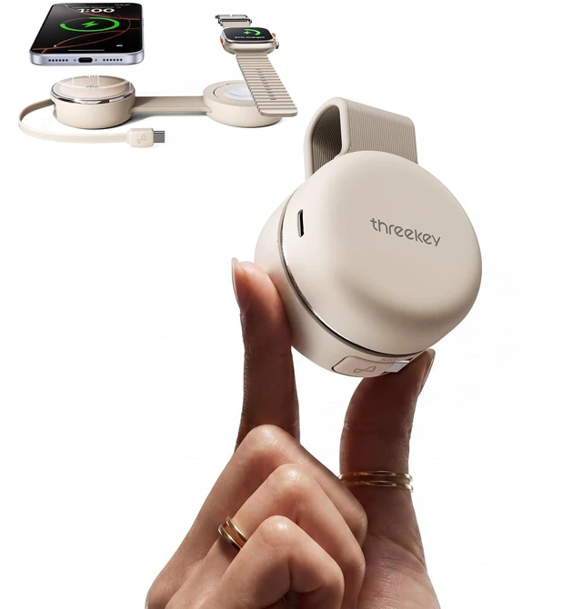 Main image of THREEKEY 3-in-1 Charging Station for Apple, Qi2.2 25W Wireless Charger | Foldable Travel Charger with Retractable USB-C Cable, for iPhone 18-12, Apple Watch AirPods iPad Kindle, 65W Adapter Included