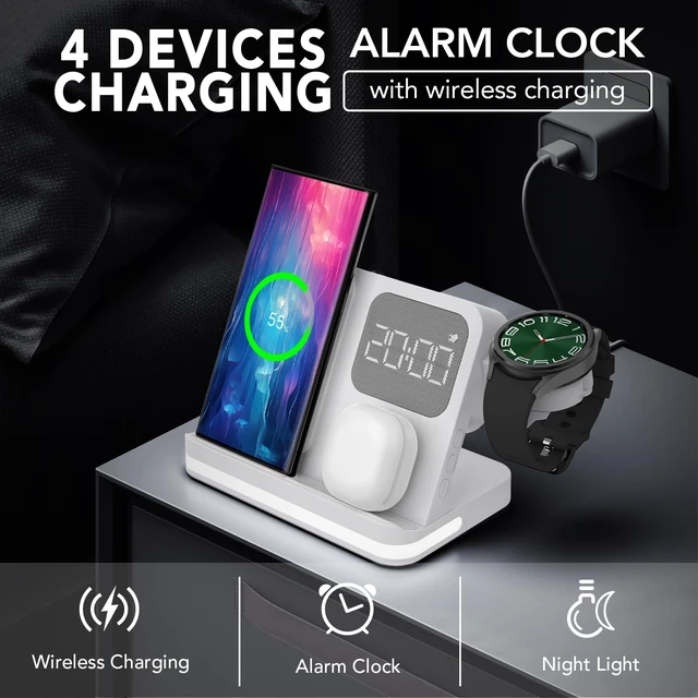 Alt view image 3 of 7 - 4 in 1 Wireless Charger with Alarm Clock Compatible for Samsung | Multiple Devices Charging Station for Galaxy Watch 8/Ultra/FE,Galaxy S26/S25/Note/Z Fold 8/8 Ultra,Z Flip 8/ Fold,Buds4