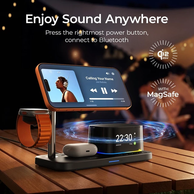 Alt view image 5 of 7 - Charging Station 25W Fast Charging+Cooling Fan 5in1 Magnetic Wireless Charger with Speaker and Alarm Compatible with iPhone/Watch/AirPod (45W Adapters Included) Black