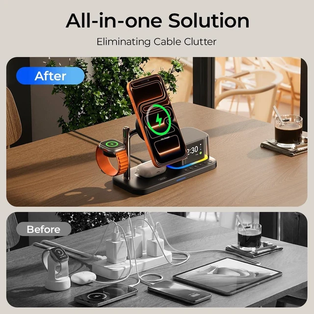 Alt view image 6 of 7 - Charging Station 25W Fast Charging+Cooling Fan 5in1 Magnetic Wireless Charger with Speaker and Alarm Compatible with iPhone/Watch/AirPod (45W Adapters Included) Black