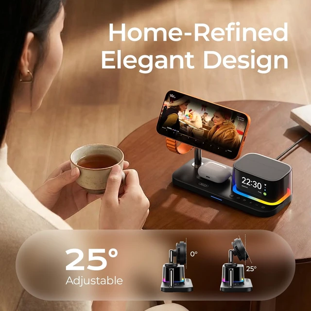 Alt view image 7 of 7 - Charging Station 25W Fast Charging+Cooling Fan 5in1 Magnetic Wireless Charger with Speaker and Alarm Compatible with iPhone/Watch/AirPod (45W Adapters Included) Black