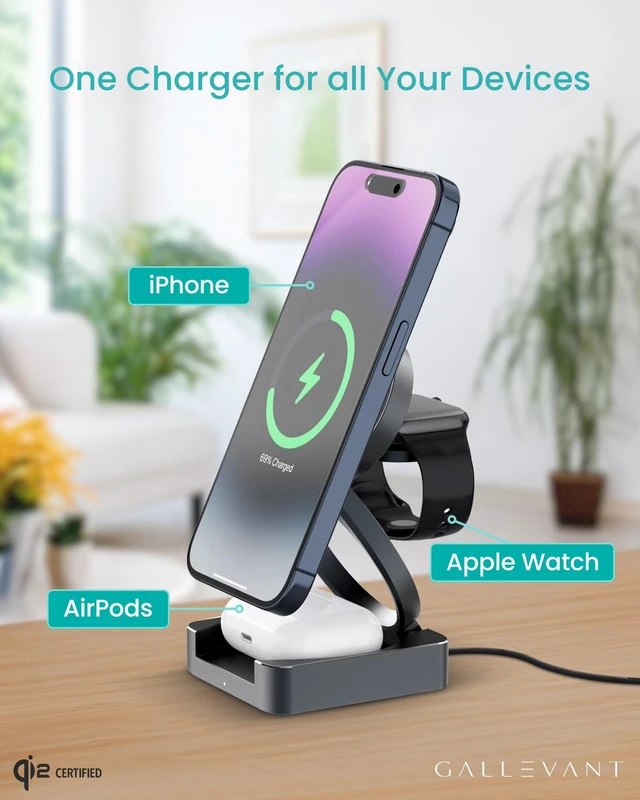 Alt view image 3 of 7 - Gallevant 3-1 Wireless Charger Stand - Wireless-Compatible. Qi2 Certified, 15W Foldable, Compatible with iPhone 16/15/14, Apple Watch Series 9 & Older, Earbuds Charger (White)
